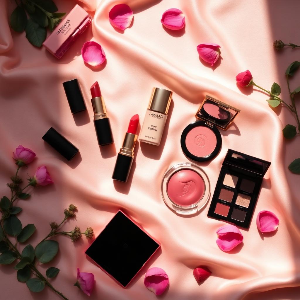 Sélection de produits maquillage Farmasi sur soie rose poudré